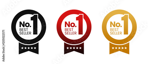Number 1 best seller vector circle badges with ribbon. Simple flat gradient labels. For icon, logo, sign, seal, symbol, stamp, sticker. Vector illustration
