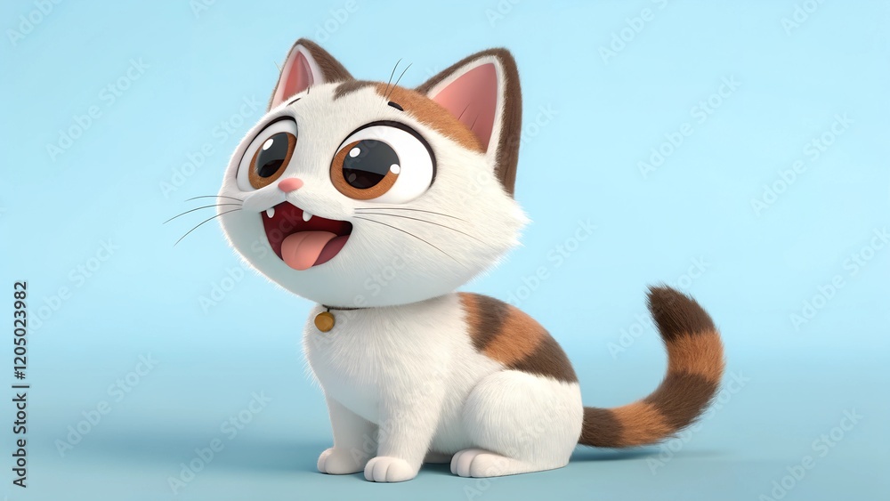 Fototapeta premium A cute cartoon-style cat with white and brown fur, sitting happily with its tongue out and an expressive, joyful face.
