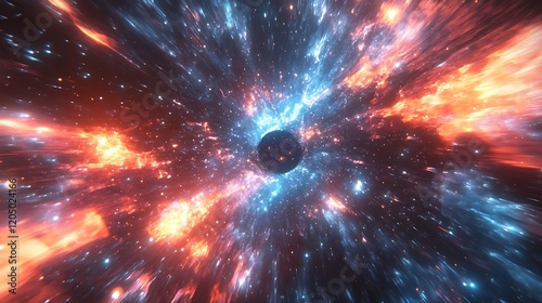 A close-up view of a supermassive black hole's event horizon, with intense gravitational forces bending light and space