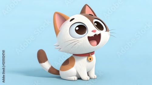 A cute cartoon-style cat with white and brown fur, sitting happily with its tongue out and an expressive, joyful face.