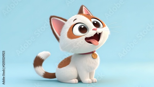 A cute cartoon-style cat with white and brown fur, sitting happily with its tongue out and an expressive, joyful face.