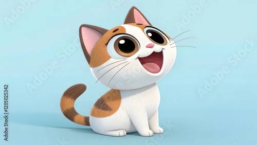 A cute cartoon-style cat with white and brown fur, sitting happily with its tongue out and an expressive, joyful face.