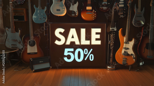 3D text SALE 50% on brown background surround by music instrument