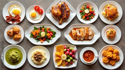 Nine delicately arranged white plates on rich, textured brown surface. Each holds unique culinary delights in an elegant overhead display photo