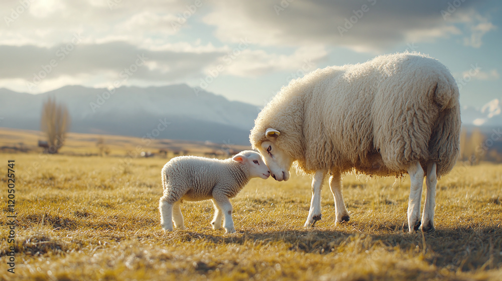 Fototapeta premium Sheep mother feeding her lamb in an open pasture