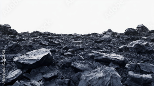 A high-detail empty background of a volcanic landscape with rugged black rocks and a clear sky above.