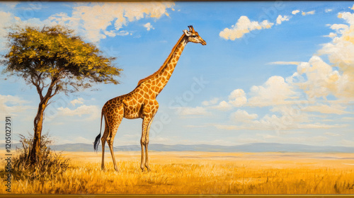 A lone giraffe standing gracefully beside a tall acacia tree, framed by the golden hues of the Kenyan savannah under a clear blue sky.