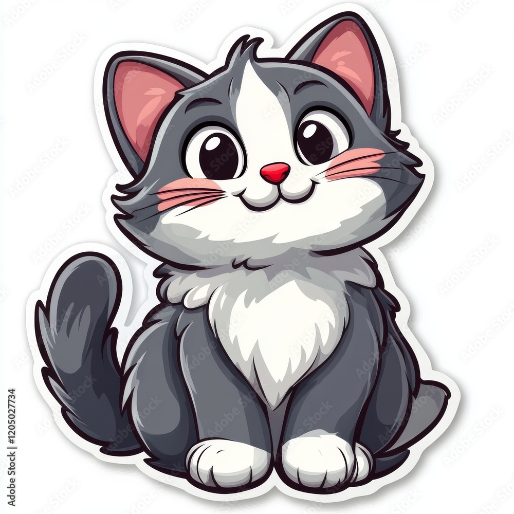 Fototapeta premium Charming Cartoon Kitten with Big Eyes and Sweet Smile, a Cute Feline Character Perfect for Childrens Designs and Fun Content