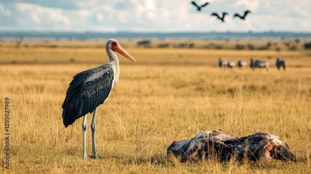 A lone marabou stork standing near a zebra carcass as vultures circle in the distance, framed by Kenya's vibrant wilderness. A lone marabou stork standing near a zebra carcass as vultures circle in the distance, framed by Kenya's vibrant wilderness.
