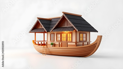 Cute character 3D image of minimalistic 3D of kerala house boat in a white background. Generative AI photo
