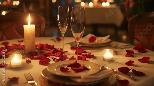 A romantic candlelit dinner setup with rose petals and elegant table settings. photo