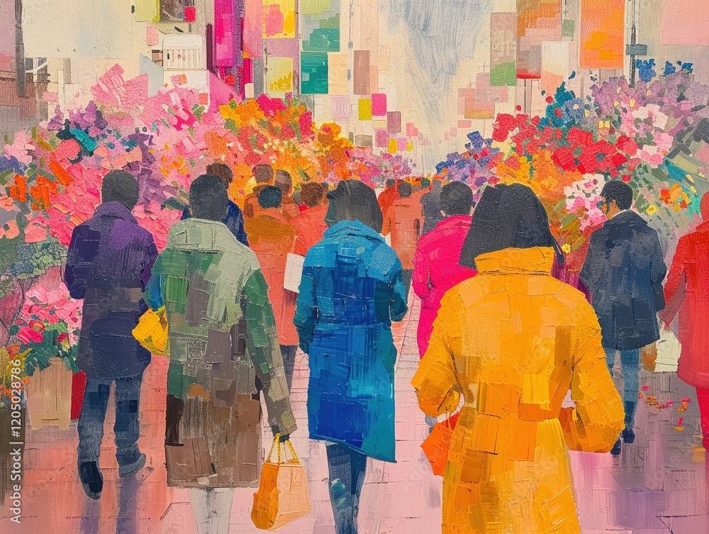 Naklejka premium depict a multicultural marketplace bustling with activity, captured from a worms-eye view to emphasize the convergence of identities and ideas