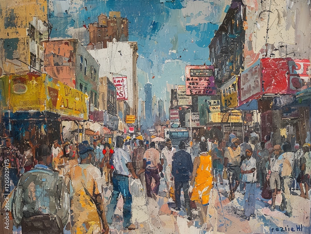Fototapeta premium depict a multicultural marketplace bustling with activity, captured from a worms-eye view to emphasize the convergence of identities and ideas
