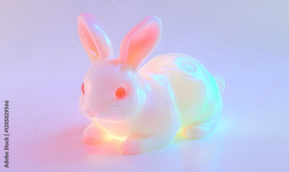 Glowing iridescent bunny figurine studio shot, pastel background, Easter decoration