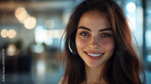 A portrait of a smiling brunette receptionist talking on telephone in the office with selective focus
