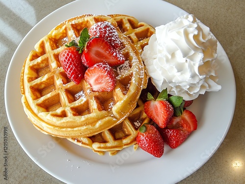 Almond flour waffles with sugarfree syrup and a side of whipped cream, keto breakfast treat photo