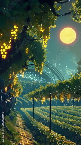 Cybernetic AI vineyard with pixelated grapevines growing under a digital sun, harvested by robotic farmers. photo