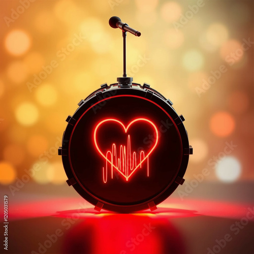 Red heart beating drum with microphone.