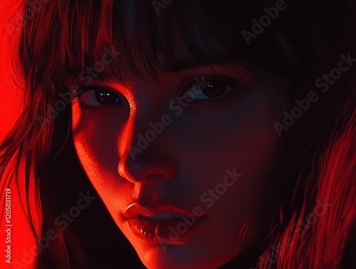 Mystical portrait highlighting intensity with dramatic red and shadowy lighting