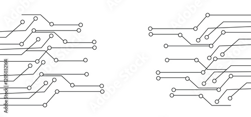 Circuit board patterns, electronic pathways, minimalist design, clean lines, branching connections, technological blueprint, white background, black lines,