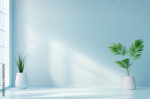 Light Blue Gradient Background with Ample Space for Text or Product Display, Featuring Abstract Light Gray Blurred Studio Room and Round Spotlight for Banners or Presentations