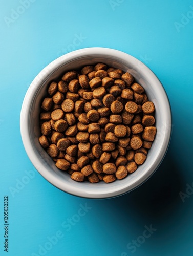 A bowl of dog food on a blue surface