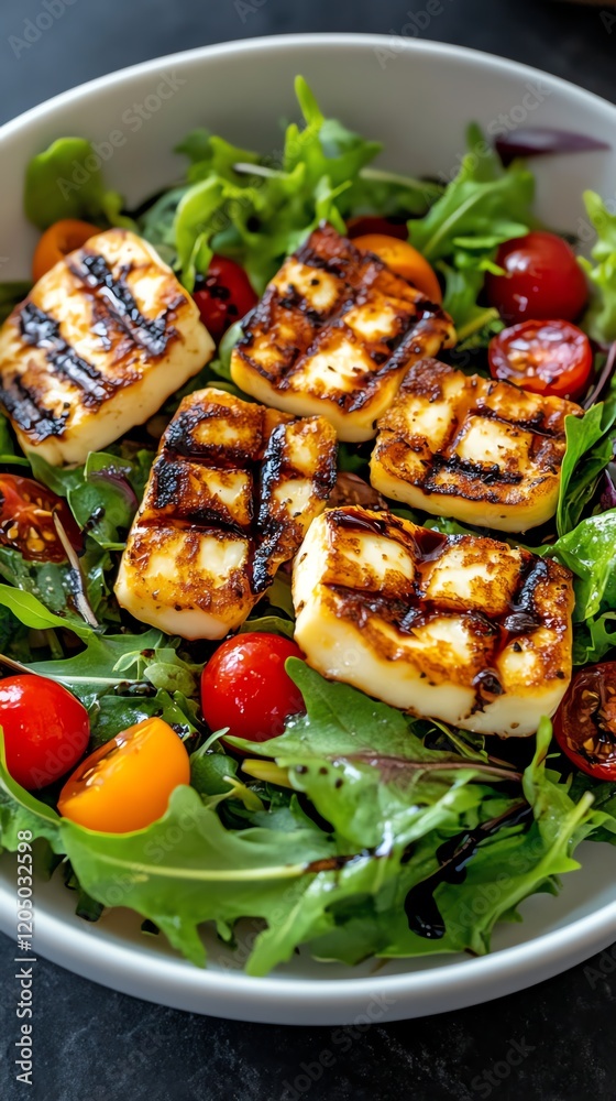 Grilled halloumi cheese salad with mixed greens, cherry tomatoes, and a balsamic glaze, light and refreshing Grilled halloumi cheese salad with mixed greens, cherry tomatoes, and a balsamic glaze, light and refreshing