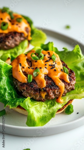 Keto burger with lettuce wrap, cheddar cheese, and grilled beef patty, nobun lowcarb option photo