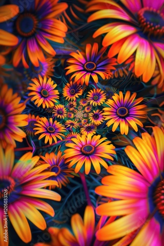 Electric-hued daisies in a trippy, spiral pattern, creating a mesmerizing flower power effect.