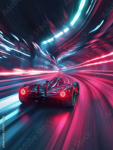 Racing car at high speed riding in illuminated road tunnel. Postproducted generative AI digital illustration. photo