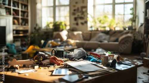mess, disorder and interior concept - blurred photo of messy home living room with scattered stuff