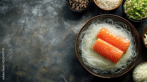 rice seafood noodles or wheat glass cellophane pasta salmon on the table meal snack top view copy space for text food background image rustic diet pescetarian
