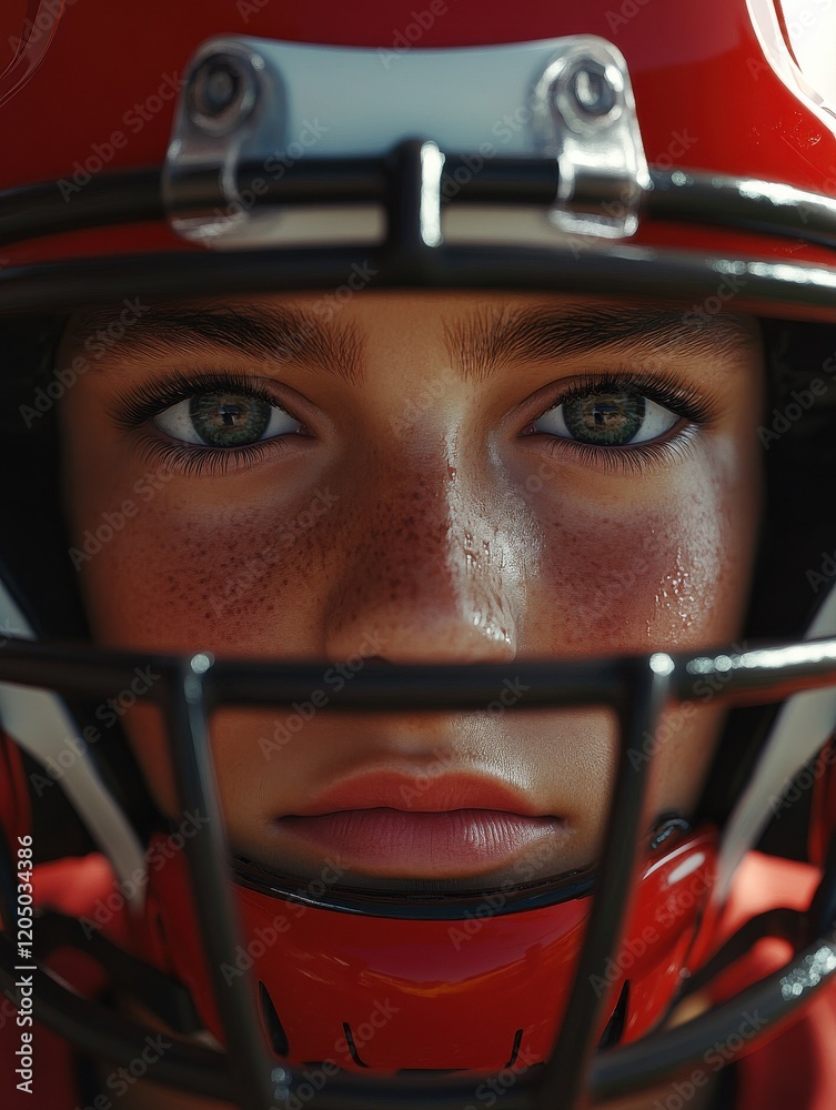 Young Football Player in Helmet Looking at Camera.