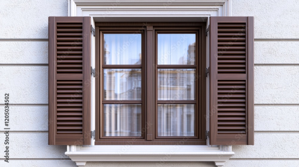 A window with brown shutters and a white curtain A window with brown shutters and a white curtain