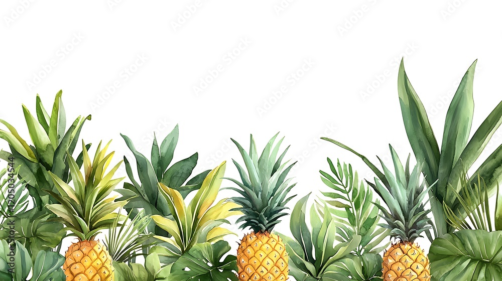 Obraz premium Watercolor Tropical Pineapple Border with Lush Greenery.