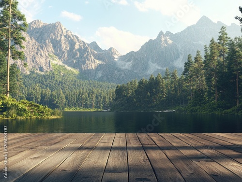 Mountain Lake View from Wooden Deck photo