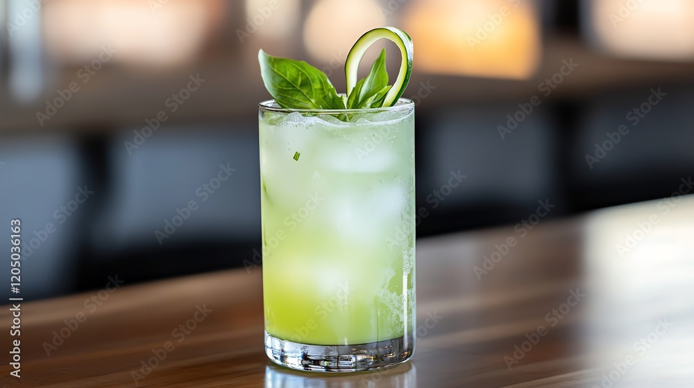 Cucumber and basil mocktail served in a highball glass, garnished with a thin cucumber ribbon Cucumber and basil mocktail served in a highball glass, garnished with a thin cucumber ribbon