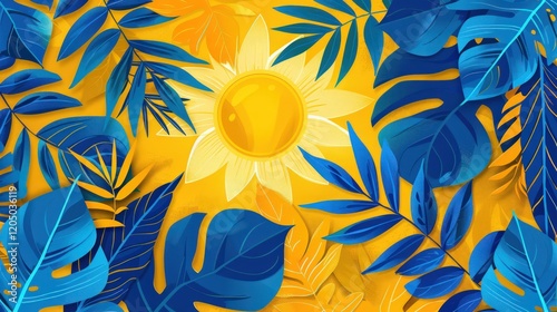 Golden yellow and cobalt blue blend harmoniously in a vibrant summer theme, accented by a radiant sun and verdant leaves.