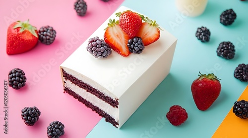 A plastic milk carton and a fruit cake slice isolated on a colorful background