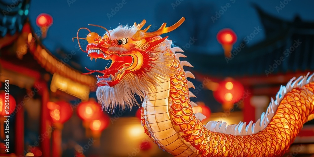 Fototapeta premium Vibrant dragon dance performance urban setting closeup action shot natural light cultural event