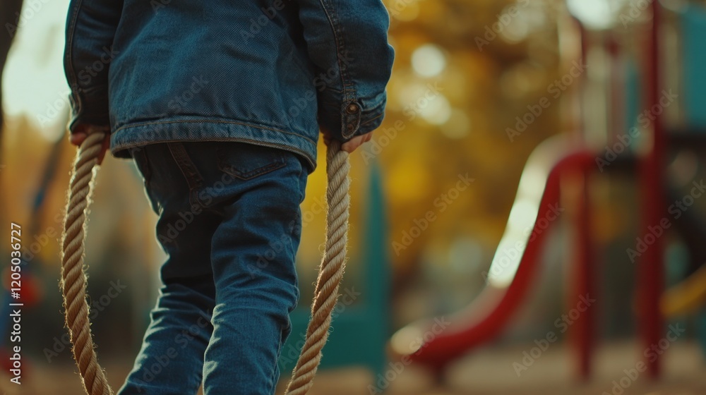 Obraz premium Little boy in jeans jacket holding rope and playing on playground, AI generated image