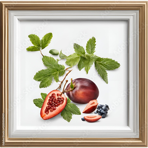 A beautifully framed still-life composition of fresh fruits, featuring pomegranate, grapes, and vibrant green leaves. The natural arrangement is captured in a minimalist style, highlighting the organi photo