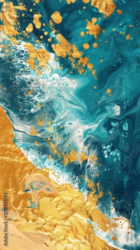 Lavish gold and deep teal abstract painting, capturing a lively beach scene, dry brush technique.