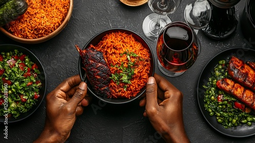 Fototapeta Naklejka Na Ścianę i Meble -  Overhead view of person's hands holding a bowl of red rice and grilled fish, surrounded by other dishes and wine glasses.