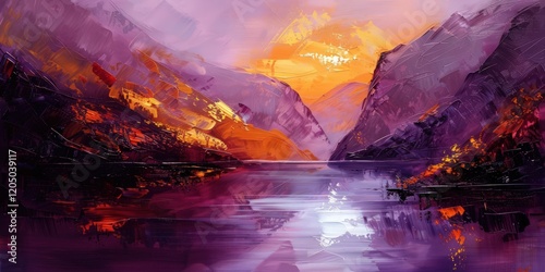 Modern impressionist art with deep plum and bright orange, abstract representation of a serene mountain lake.