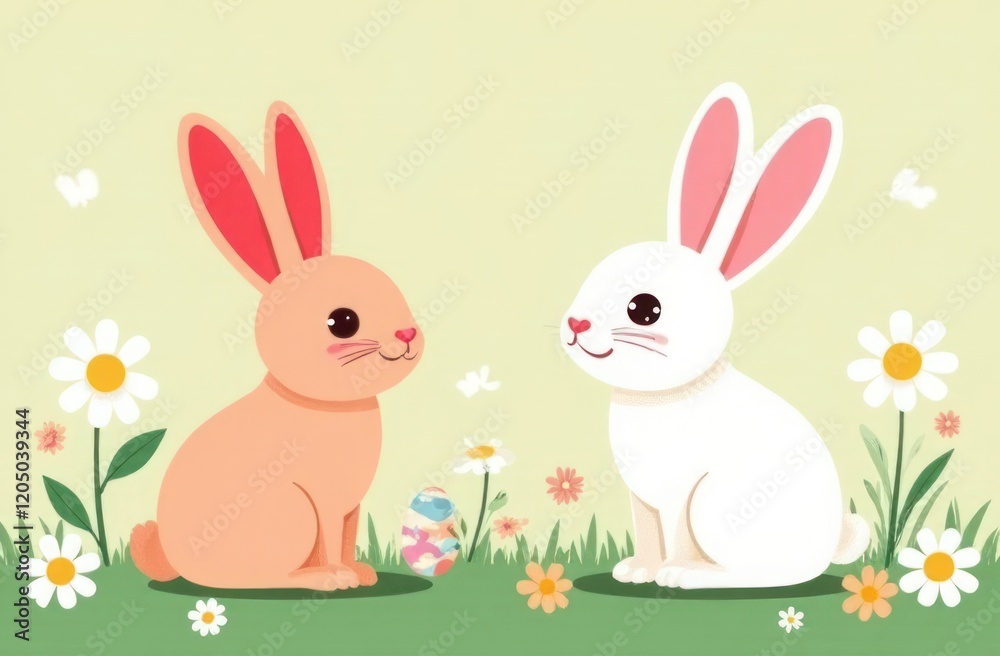 Fototapeta premium eamless pattern with rabbit cartoons and daisy flower on pastel background. Daisy, rabbit head and Easter egg