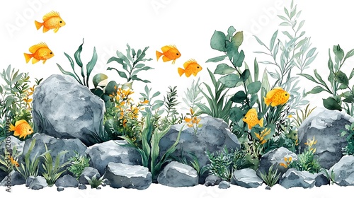 Watercolor Seamless Border of Tropical Fish, Rocks, and Aquatic Plants.
