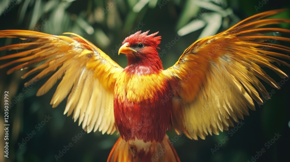 Fototapeta premium Red and Yellow Bird Spread Wings