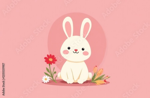 Seamless pattern with bunny rabbit cartoon in the hole and cute flower on pink background