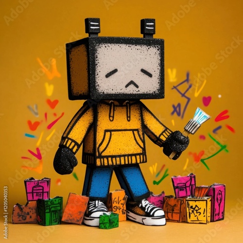 Colorful Cartoon Character with a Square Head and Bright Hoodie Holding a Paintbrush Surrounded by Artistic Elements and Graffiti on a Vibrant Background photo